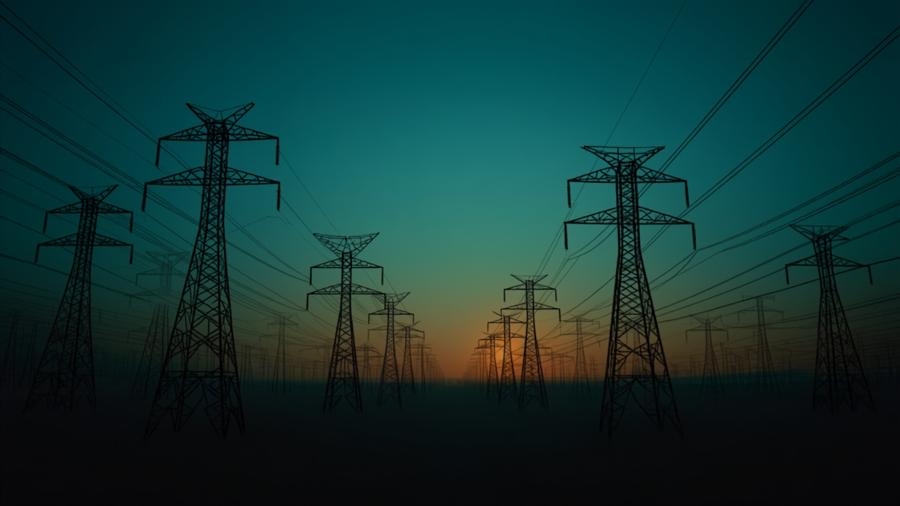 Transmission towers at dusk illustrating CIP-015 and BOD 26-02 internal network monitoring for electric utilities