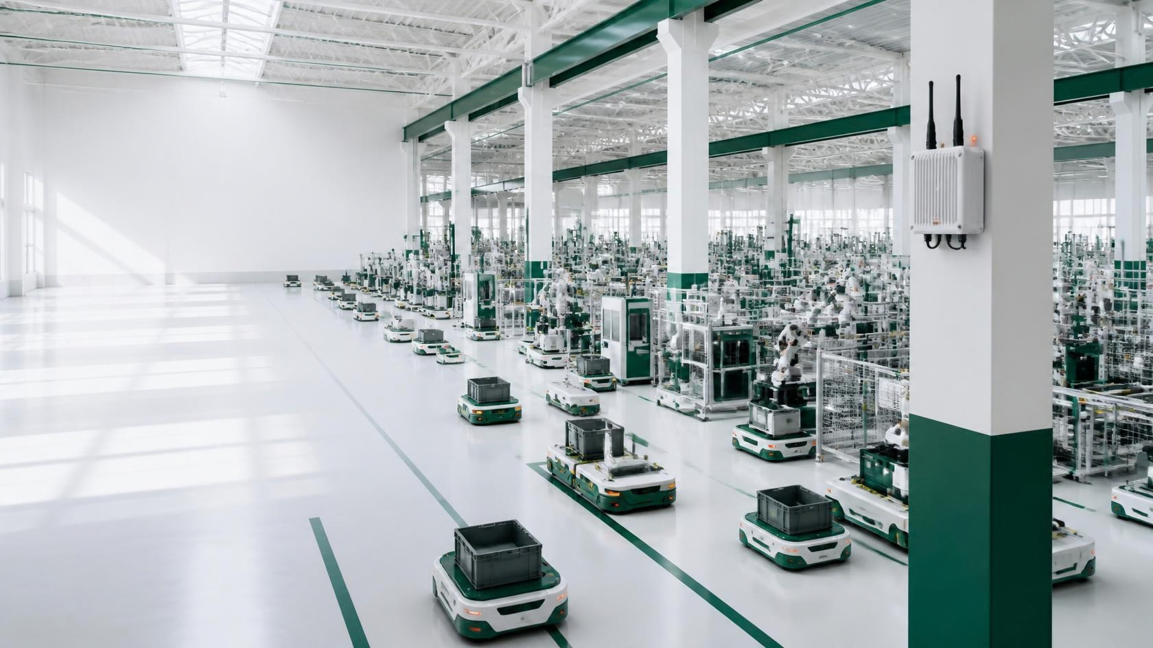 Robots, machine-vision cameras and edge AI hardware on a factory floor linked over a network with private 5G security