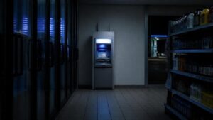 ATM jackpotting risk: a standalone ATM with cellular antennas at the back of a gas station at night