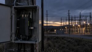 Hostile SIM risk: cellular router with SIM tray in an open field cabinet on a utility pole beside a substation at dusk