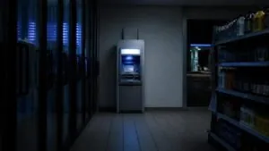 ATM jackpotting risk: a standalone ATM with cellular antennas at the back of a gas station at night