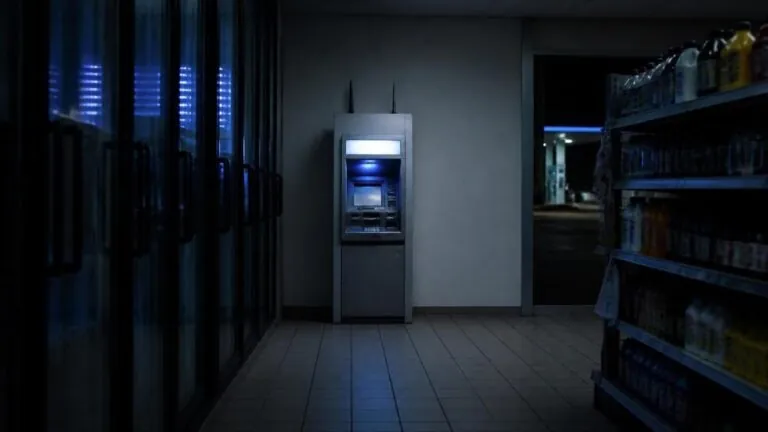 ATM jackpotting risk: a standalone ATM with cellular antennas at the back of a gas station at night