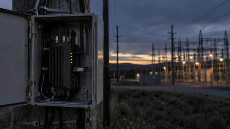 Hostile SIM risk: cellular router with SIM tray in an open field cabinet on a utility pole beside a substation at dusk